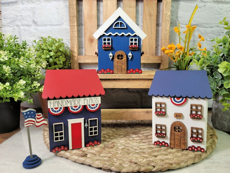 Patriotic Memorial Day Decor, Americana Village for Tier Tray, Small Decorative House, Fouth 4th of July Home Decor, Summer Tier Tray image 3