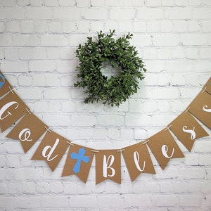 Cross and Dove Baptism Banner, Blue Christening Garland, Personalized Baby Boy Dedication, First Communion image 2