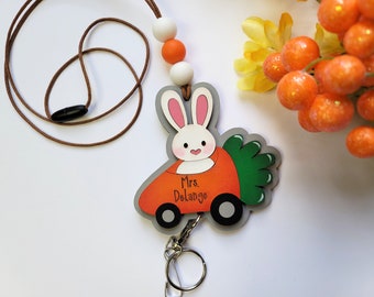 Personalized Name Lanyard, Teacher ID and Key Chain, Spring Lanyard, Cute Bunny In Carrot Car