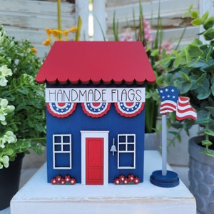 Patriotic Memorial Day Decor, Americana Village for Tier Tray, Small Decorative House, Fouth 4th of July Home Decor, Summer Tier Tray Building and flag