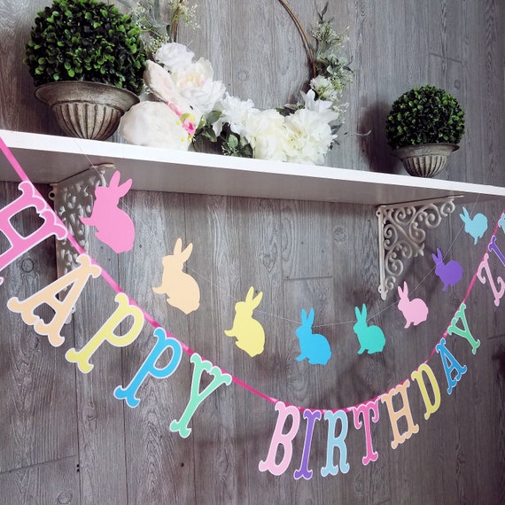 Bunny Birthday Party Decor, Bunnies and Brunch Happy Birthday Banner, Pastel Birthday Banner, Bunny Bunting, Bunny Garland, First Birthday Il_570xn