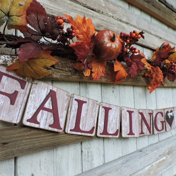 Falling In Love Banner, Engagement, Wedding Banner, Burgundy Fall Decor, Chippy Wood Banner, Fall Baby Shower Decor