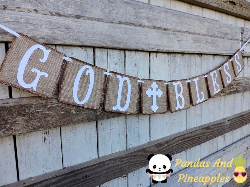 Burlap God Bless Banner, Communion, Confirmation, Baby Dedication Banner, Cross, Chalice, Garland, Baptism Decoration. Photo Backdrop image 1