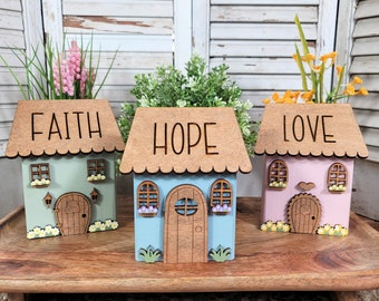 Wood Farmhouse Shelf Sitter, Inspirational Tier Tray, Faith Hope Love, Whimsical Cottage, Mini House, Mantle Decor, Gift For Mom