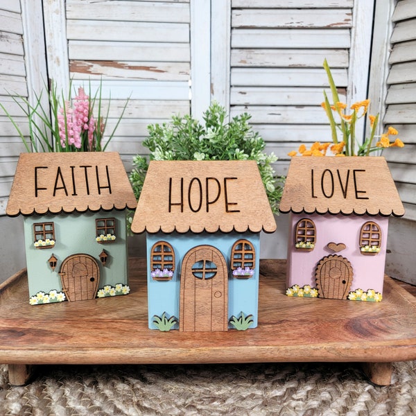 Wood Farmhouse Shelf Sitter, Inspirational Tier Tray, Faith Hope Love, Whimsical Cottage, Mini House, Mantle Decor, Gift For Mom