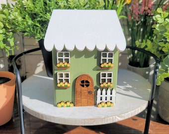 Chunky Wood Farmhouse Shelf Sitter, Tier Tray House, Whimsical Green Cottage, Mini House, Mantle Decor, Home Sweet Home, Gift For Mom