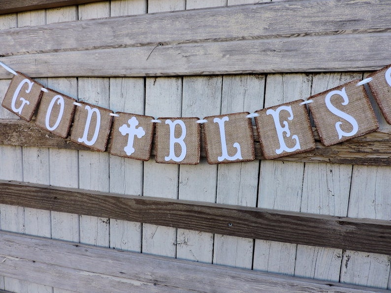 Burlap God Bless Banner, Communion, Confirmation, Baby Dedication Banner, Cross, Chalice, Garland, Baptism Decoration. Photo Backdrop image 5