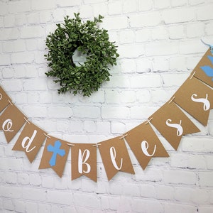 Cross and Dove Baptism Banner, Blue Christening Garland, Personalized Baby Boy Dedication, First Communion image 3