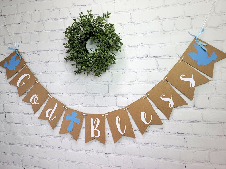 Cross and Dove Baptism Banner, Blue Christening Garland, Personalized Baby Boy Dedication, First Communion image 3