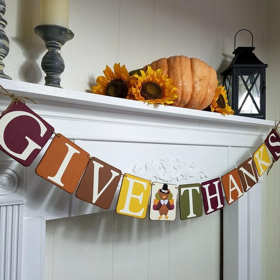 Give Thanks Thanksgiving Banner With Cute Turkey Fireplace Mantle