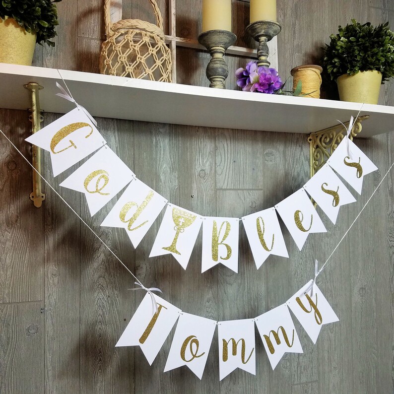 personalized god bless banner for christening gold letter