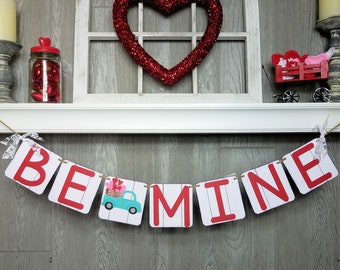 Valentine banner with Blue Truck and Red Hearts, Red Letters on Farmhouse style background, Mantle Decor, School room, Office, Shop Decor