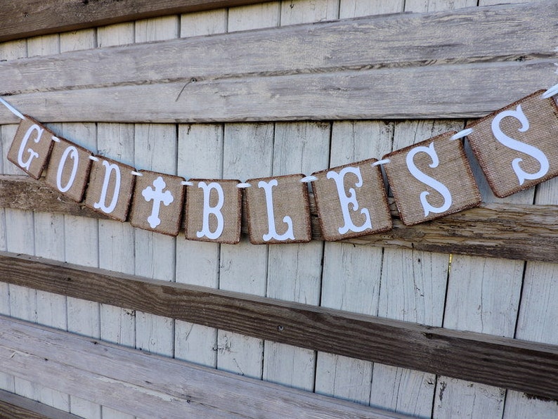 Burlap God Bless Banner, Communion, Confirmation, Baby Dedication Banner, Cross, Chalice, Garland, Baptism Decoration. Photo Backdrop image 4