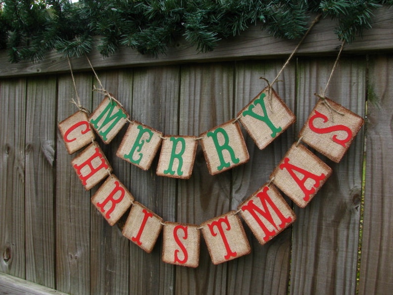 Merry Christmas Burlap Banner, Holiday Mantle Decor, Rustic Christmas, Cabin Decor, Lakehouse Decor image 3