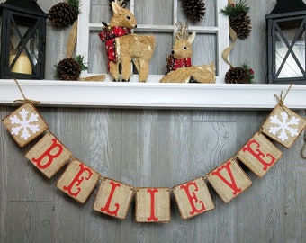 Believe Christmas Banner, Burlap Merry Christmas Decor, Snowflakes Banner, Rustic Christmas Decor, custom Banner, Handmade