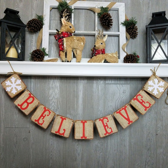 Believe Christmas Banner Burlap Merry Christmas Decor Snowflakes