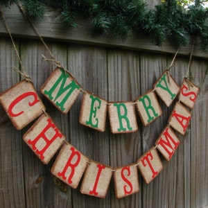 Merry Christmas Burlap Banner, Holiday Mantle Decor, Rustic Christmas, Cabin Decor, Lakehouse Decor image 2