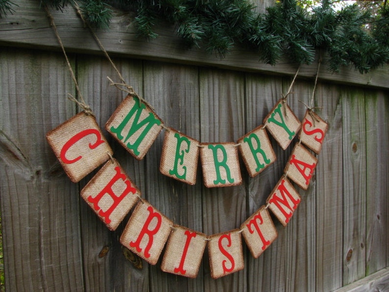 Merry Christmas Burlap Banner, Holiday Mantle Decor, Rustic Christmas, Cabin Decor, Lakehouse Decor image 2