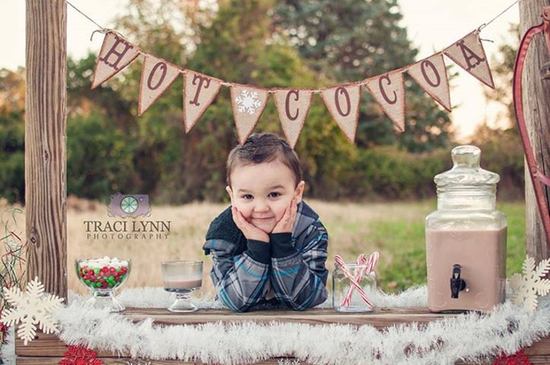 Kids Christmas Photos Hot Cocoa Party Holiday Banner Burlap Christmas Decor Winter Snowflake Decor Cutest Hot Cocoa Stand Banner