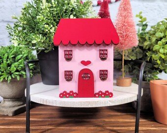 Valentine's Decor Chunky Wood Cottage, Tier Tray Wood House, Mantle Shelf Sitter, Small Wooden House, Heart, Chocolate, Love, Pink Floral