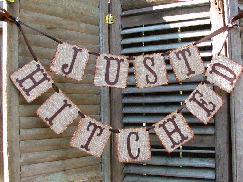 Rustic Burlap Wedding Decor, Just Hitched Banner, Just Married, We Eloped, Just Married, image 1