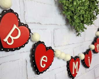 Valentine Heart Wood Banner, Be Mine Wood Banner, Valentine Engagement, Valentine Wedding, Red and Black Heart Garland