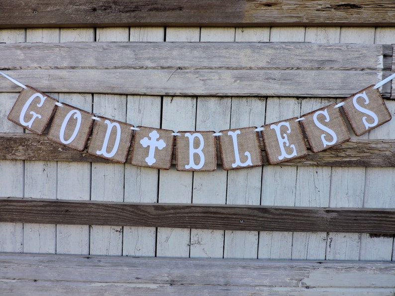 Burlap God Bless Banner, Communion, Confirmation, Baby Dedication Banner, Cross, Chalice, Garland, Baptism Decoration. Photo Backdrop image 2