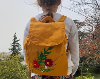 Mustard floral bag, handmade multicoloured embroidery.