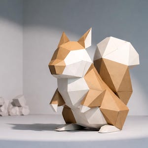 May include: A geometric paper sculpture of a squirrel, featuring brown and white triangular facets. The artwork is set against a white backdrop, with a cluster of similar geometric shapes in the background. The squirrel is a unique decorative item.