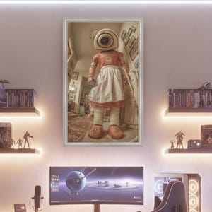 Op de afbeelding: Een moderne gamingopstelling met een gebogen monitor, toetsenbord en gamestoel. Een ingelijst kunstwerk van een robotpop hangt boven het bureau. Plankjes met beeldjes en game-hoesjes zijn aan de muur bevestigd, verlicht door LED-verlichting.