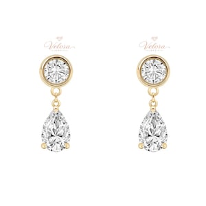 Elegant Pear Drop Lab Grown Diamond Earring, 14K Solid Gold Bezel Set Dangle Stud Lobe Piercing, Push Back High-End Everyday Jewelry For Her