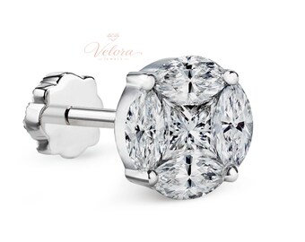 14k Gold Lab Grown Diamond Cluster Stud Earring Secure Screw back Marquise Diamond Earring Helix, lobe piercing Anniversary Gift For Wife