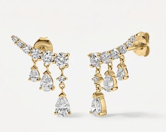 Lab Grown Diamond Ear Climber | Pear Drop Diamond Earrings | Solid Gold Curved Crawler Studs | Bridal Dangle Earrings | Wedding Jewelry