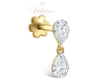 Pendiente de gota minimalista de oro macizo de 14 quilates, con forma de pera, diamante invisible cultivado en laboratorio, con rosca para piercing en hélice, caracola y trago. Regalo ideal para ella.