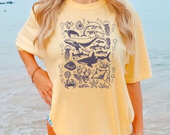 Comfort Colors® Meerestiere 90er Jahre Vintage Style Tshirt, Retro Y2k Ozean, Sealife, Wal, Orca, Schildkröte, Delfin Shirt