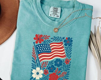 Comfort Colors ® Boho Patriotic Flag Shirt, American Flag Floral Tee, 4th of July USA Shirt, Summer Graphic Tee Festival Outfit Idea