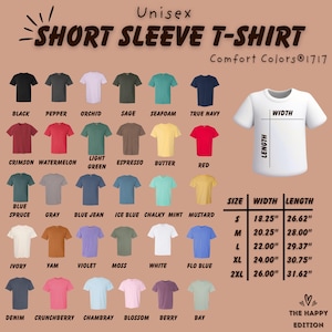 May include: A selection of unisex short sleeve t-shirts in various colors, including black, red, and blue. The image displays a size chart with measurements in inches. The text reads "Unisex Short Sleeve T-Shirt" and "Comfort Colors 1717".