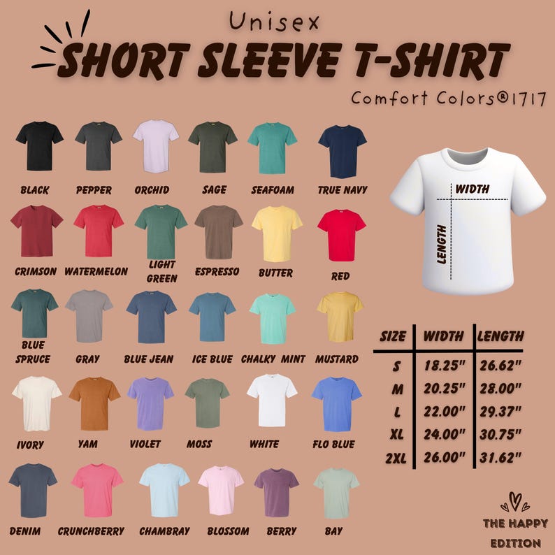 May include: A selection of unisex short sleeve t-shirts in various colors, including black, red, and blue. The image displays a size chart with measurements in inches. The text reads "Unisex Short Sleeve T-Shirt" and "Comfort Colors 1717".