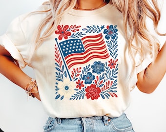 Comfort Colors ® Boho Patriotic Flag Shirt, American Flag Floral Tee, 4th of July USA Shirt, Summer Graphic Shirt Festival Outfit