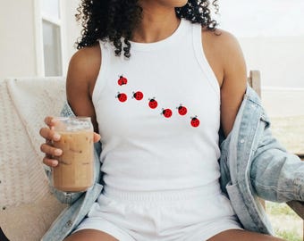 Minimalist Ladybug Racer Tank Shirt, Lucky Lady Bug Graphic Tee, Cute Nature Inspired Shirt, Red Beetle Insect Apparel, Gift for Gardeners