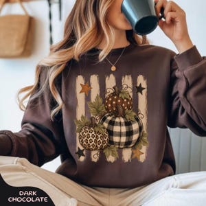 Könnte beinhalten: Ein dunkel schokoladenbraunes Langarm-Sweatshirt mit einer zentralen Grafik aus drei Kürbissen mit Leopardenmuster, Punkten und schwarz-weißem Karomuster, akzentuiert durch grüne Blätter und Sterne auf vertikalen beigen Pinselstrichen.