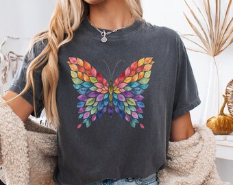 Floral Butterfly Comfort Colors® Shirt: Watercolor Leaves Yoga Shirt, Boho Meditation Shirt, Rainbow Leaf Botanical Butterfly Tee