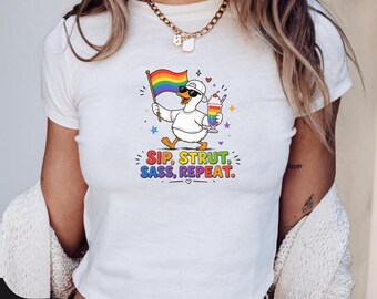 Sip, Strut, Sass and Repeat Pride Baby Tee, Y2k 90s Style Lesbian Bisexual Gift For Trans Pride Merch Pride Month Shirt