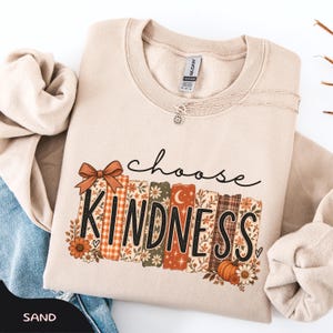 May include: A sand-colored crewneck sweatshirt featuring a graphic print of stacked books with floral, plaid, and celestial patterns. The text reads "choose KINDNESS" in black script and block lettering, accented by a bow, flowers, and a pumpkin.