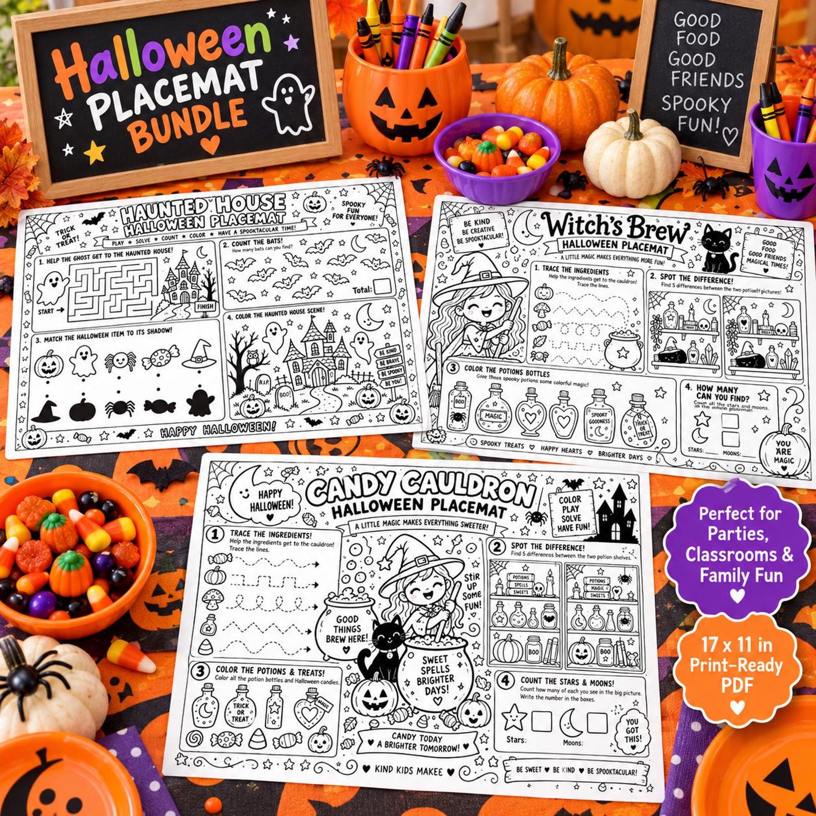 Halloween placemat bundle preview including a witch’s-brew page beside other themed mats.