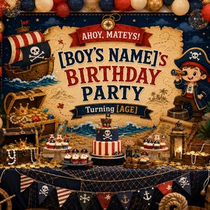 May include: A pirate-themed birthday party backdrop featuring a treasure map design, a ship, and a cartoon pirate. The text reads AHOY, MATEYS! [BOY'S NAME]'S BIRTHDAY PARTY Turning [AGE]. The display includes a cake, cupcakes, treasure chests, and balloons.