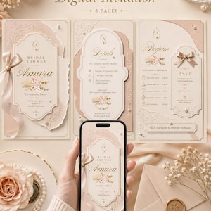 May include: A set of three editable digital bridal shower invitation templates in a soft beige and cream color palette. The designs feature elegant typography, floral illustrations, and ribbon accents, displayed on a smartphone screen and paper.