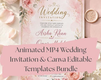 Personalisierte Animierte Blumenhochzeitseinladung MP4 mit Umschlag | Elegante Canva bearbeitbare Vorlage (Digitaler Download)