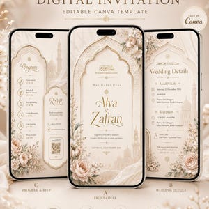 May include: Three smartphones displaying an Islamic wedding digital invitation template in a cream and gold color palette. The screens feature elegant arched frames, floral illustrations, mosque silhouettes, and text including Alya and Zafran.