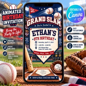 Puede incluir: Una invitación de cumpleaños digital en la pantalla de un teléfono inteligente con temática de béisbol. El diseño incluye un campo de béisbol de fondo y un gráfico de home plate con el texto Ethan's 8th Birthday, Saturday, April 17, 2027, 1:00 PM - 4:00 PM, 321 Home Run Lane, St. Louis, MO, y RSVP to Mom: (555) 456-7890.